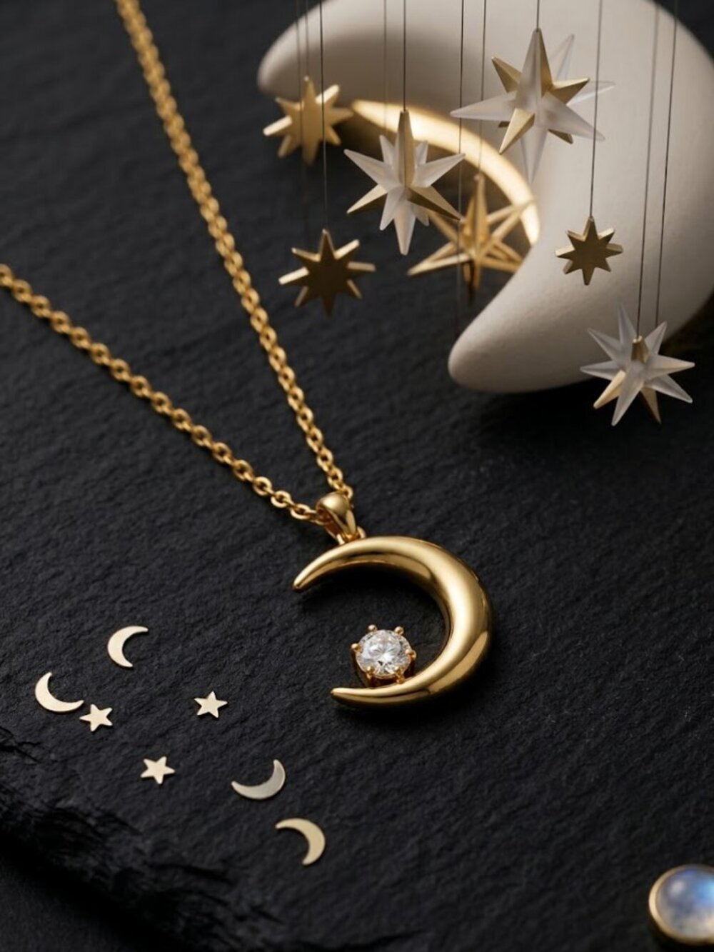 Gold Crescent Moon Necklace CZ Pendant Celestial Layering Stainless Adj 16"